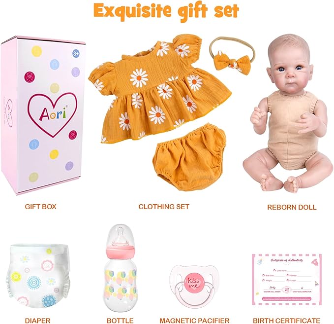 Aori Reborn Baby Doll Realistic Girl 20 inches - Soft Cloth Body and Vinyl Limbs, Lifelike Newborn Baby Dolls for Kids Imaginative Play, Emotional Comfort for The Elderly