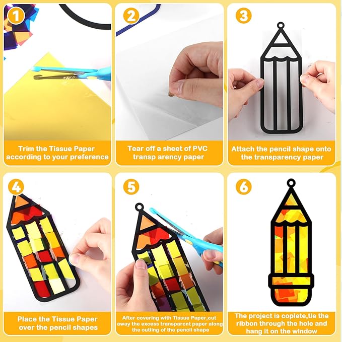 32 Sets Back to School Pencil Suncatchers Craft Kit DIY Window Stained Glass Effect Pencils Paper Crafts for Home School Classroom Decoration Kid Birthday Gifts Creative Art Projects Activity Game
