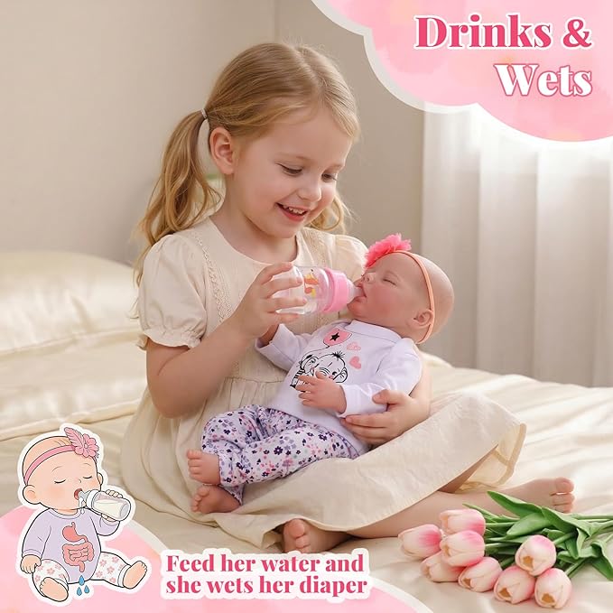 BABESIDE Drink and Wet Reborn Baby Dolls – 17 Inch Realistic Full Body Soft Vinyl Baby Doll, Can Drink & Pee, Real Life Sleeping Baby Doll Girl with Care Accessories, Gift for Kids Age 3+