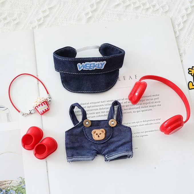 Clothes for Lu bubu 17cm Dolls(No Doll) Accessories, Stylish Kawaii Overalls Outfit Headphones Set 5 Pieces Suitable for 17cm Dolls , Doll Hat Headset Boots Clothing Set Replacement