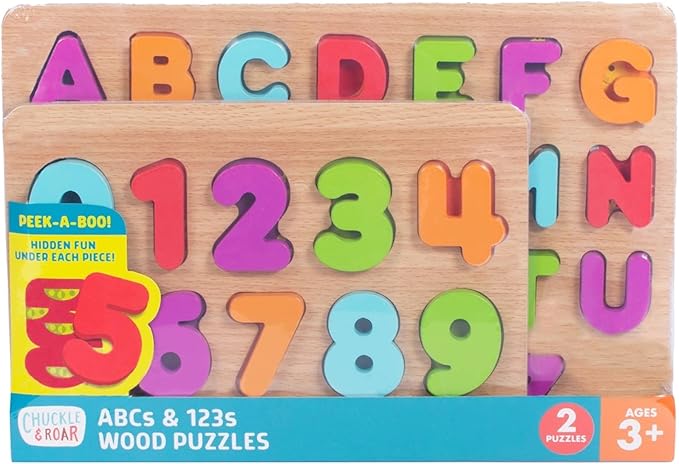 Chuckle & Roar - Wooden Puzzle ABC and 123 Theme 2 Pack - Peek a Boo Learning Puzzles for Toddlers - Hidden Pictures Under Each Piece - Educational Wooden Puzzles for Kids Ages 3+