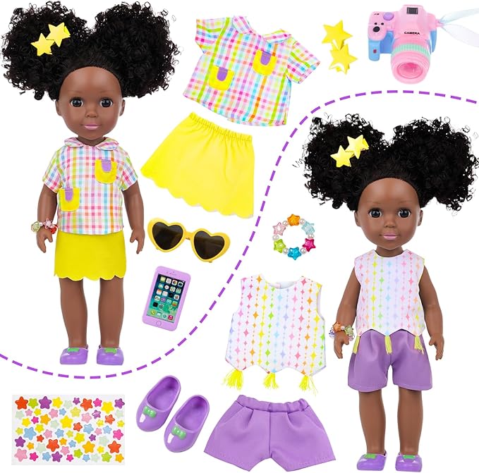 Ecore Fun 14.5 Inch Black Baby Doll, 12 Pcs Black Doll Clothes and Accessories, African Washable Realistic Silicone Girl Dolls Include Doll Clothes Shoes Phone Glasses Camera Hairpin Bracelet Stickers