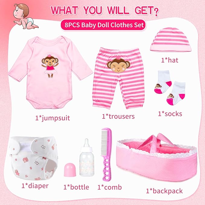 8-Pieces Reborn Baby Doll Clothes with Bassinet for 17-22 Inches Baby Dolls Pink Monkey Pattern Dolls Clothes Outfits Accessories Newborn Baby Girl