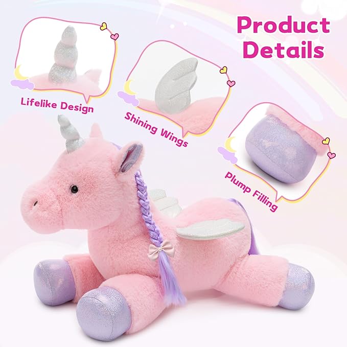 Tezituor Pink Unicorn Stuffed Animal with Hair & Wings,Unicorn Plush Toys for Girls Kids with 3 Babies Inside, Unicorns Plushie,Rainbow Unicorn Stuffy for Birthday, Easter, Valentines Day Gifts