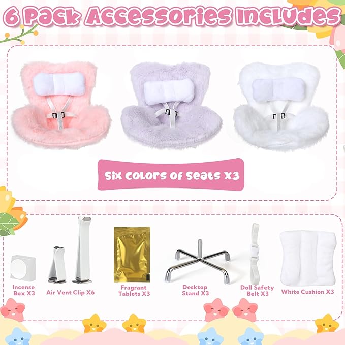 6 Pack Doll Chair Car Seat for Labubu, 15-17cm Dolls Accessories with Air Vent Clip & Desktop Stand, Cute Doll Car Seat for Toys Collection, （Purple, Pink, White,Green,Yellow,Blue）