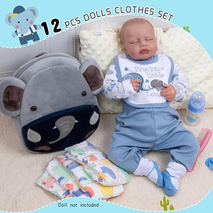 12Pcs Reborn Baby Doll Accessories Set 17-22 Inch Boy Clothes with Backpack Blue Elephant Outfits Reborn Baby Dolls Clothes Diapers Bag Design