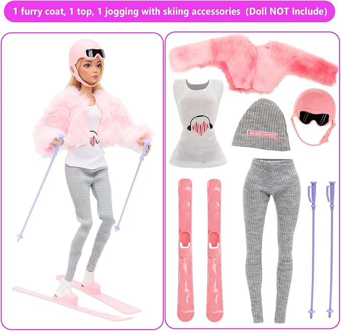 13 Pcs Doll Winter Clothes and Accessories - 3 Set Dolls Winter Coat Clothes, 2 Pairs of Shoes and 8 Pcs Skiing Accessories for 11.5 Inch Girl Doll Winter Playset