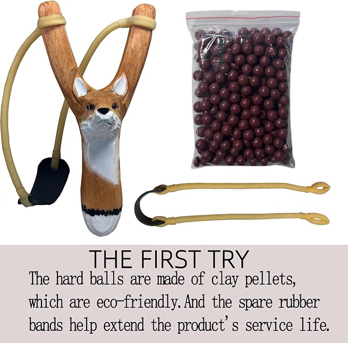 LANJAY Handmade Solid Slingshot with Personalized Carvings, Clay Balls & Pompoms, for Indoor/Outdoor Games, Hunting, Suitable for Adults & Kids