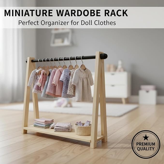 Wooden Doll Clothes Rack with 10 Mini Hangers & Storage Shelf - Portable Wardrobe Closet for 6-16 inch Mini Dolls Accessories,Clothes,Shoes,Bags