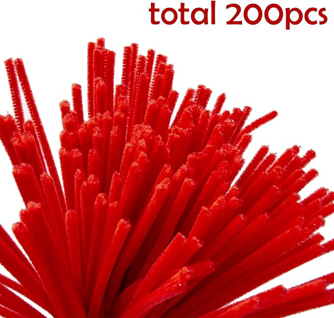 Caydo 200 Pieces Thick Red Pipe Cleaners Chenille Stems for Kids Art Creative Crafts, Valentine's Day Decorations DIY Decorations (6 mm x 12 Inch)