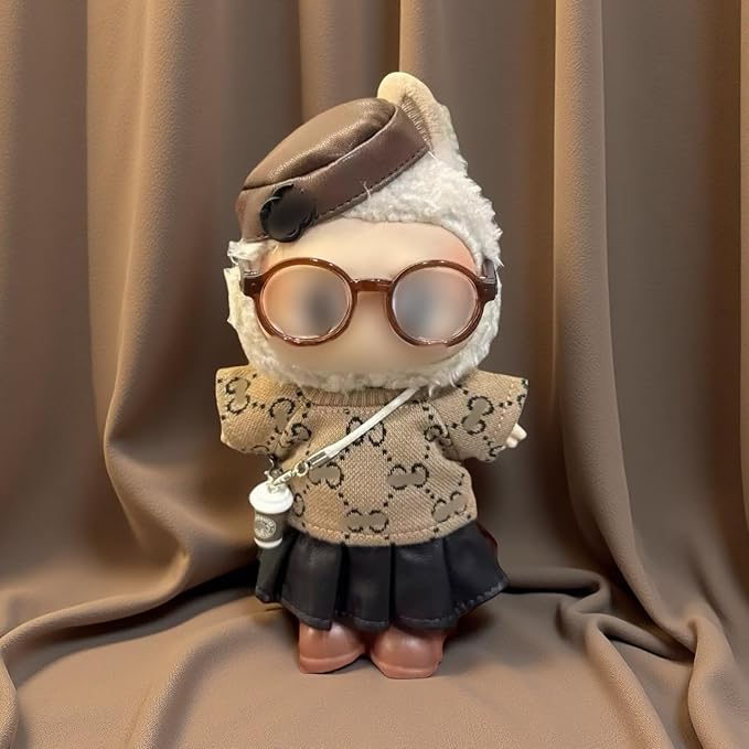 17cm Doll Clothes for lububu,Cl othes Suitable for lububu Dolls Outfits and Accessories Set,Including Top+Hat+Bag+Skirt+Shoes+Glass - 6PACS Not D oll(Brown)