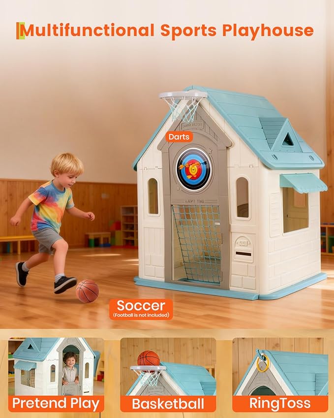 Outdoor Playhouse for Kids - Basketball Hoop, Soccer Goal, Magnetic Dartboard, Ring Toss - Indoor/Outdoor Toddler Cottage Playset, Gift for Ages 3-8