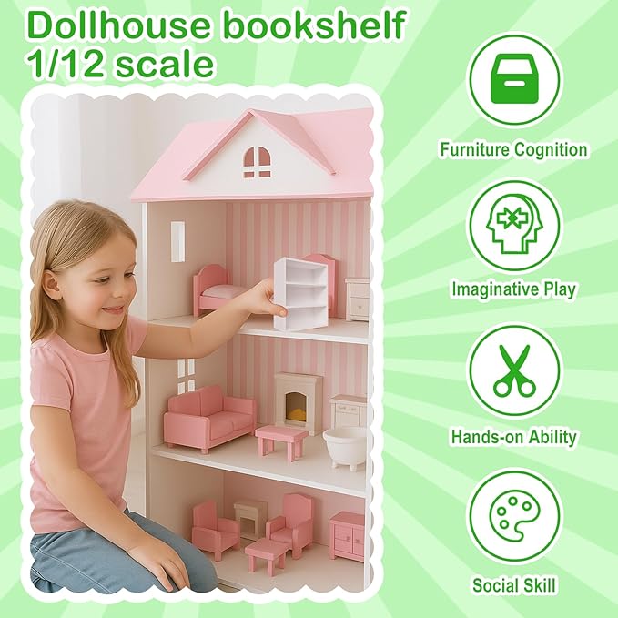 Dollhouse Bookshelf in 1:12 Scale, Realistic 3-Tier Open Shelf Dollhouse Library Furniture, Doll House Book Shelf Makes a Great Gift for Children and Collectors Alike