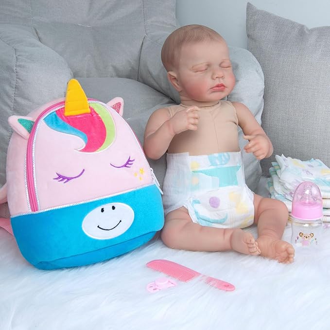 10 Pcs Reborn Baby Doll Diaper Bag Care and Feeding Set for 17-24 inches Reborn Dolls Accessories Newborn Baby Girl with Unicorn Backpack