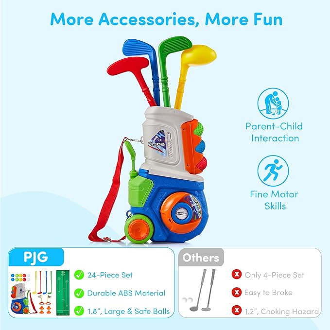 PJG Toddler Golf Set, Plastic Kids Golf Clubs Ages 1 2 3 4 5 Years Old with 4 Golf Clubs and 10 Balls, Indoor and Outdoor Golf Toys with Cart for Boys Girls Birthday Gift (Blue with mat)