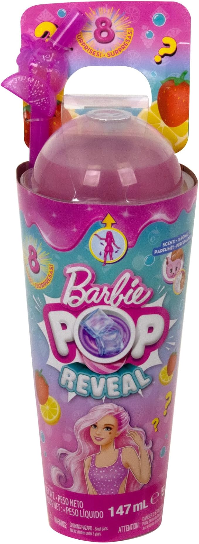 Barbie Pop Reveal Doll & Accessories, Strawberry Lemonade Scent with Pink Hair, 8 Surprises Include Slime & Squishy Puppy