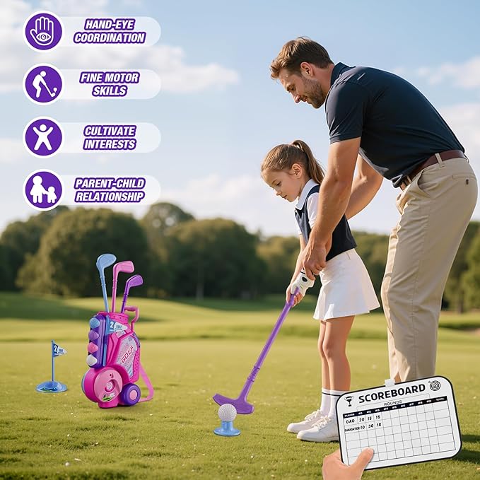 Toddler Golf Set 2-4 Years, Kids Golf Club with 8 Balls, 4 Plastic Clubs, Putting Mat, Scoreboard, Storage Bag, Indoor Outdoor Game with Golf Cart Sport Toy Gift for Baby Boys Girls Age 3-5, Pink