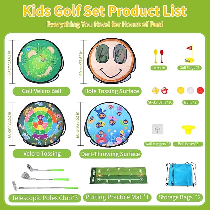 AOSITE Toddler Golf Set, 5 in 1 Kids Sticky Golf Games Toys with 3 Golf Clubs, Putting Mat, 4-Sided Chipping Net, Golf Sport for Kid, Indoor Outdoor Toy Kids Golf Set Activitie Party Birthday Gift 3+