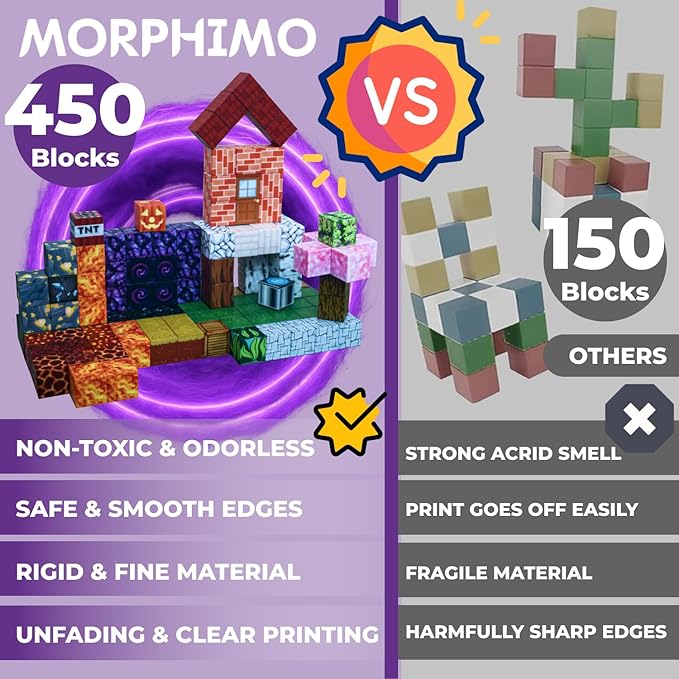 450 PCS Magnetic Building Blocks Set - Big STEM & Sensory Toy for Kids - Stacking Magnets - Instruction Book & Fabric Storage Bag - Shared Play Toy for Siblings & Friends