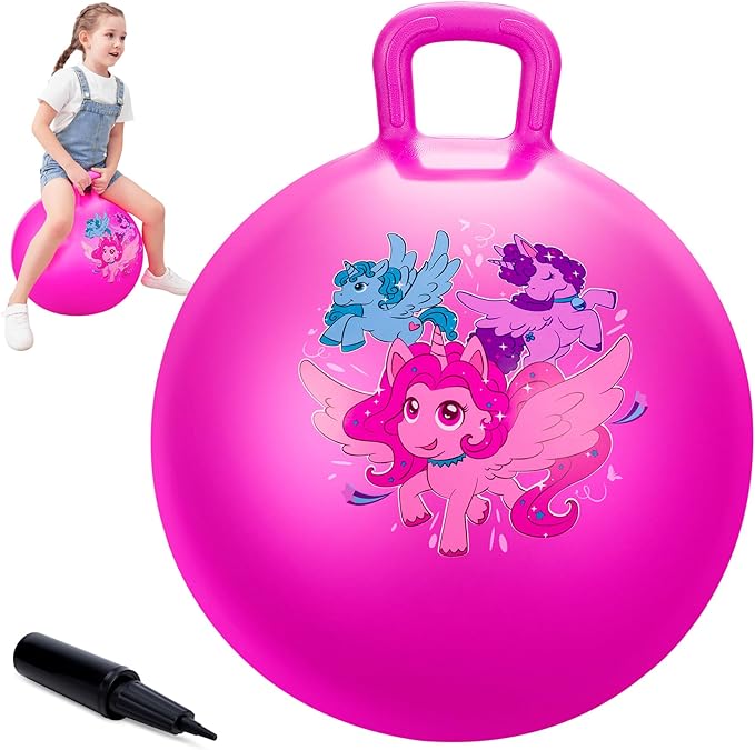 ZOOJOY Hopper Ball for Kids, 18 Inch Bouncy Ball with Handle, Pink Unicorn Girls Toys for Indoor Outdoor Acitve Play with Pump, Easter Basket Stuffers Girls Boys Gifts for 3 4 5 6 7 8 Yr Balance Toys