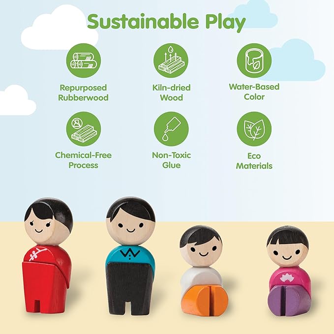 PlanToys® PlanWorld Family Set | 4 Wooden Poseable Figures for PlanCity & PlanWorld Playsets | Montessori Pretend Play Family with Flexible Arms & Legs | Eco-Friendly Sustainable Wooden Toy for Kids