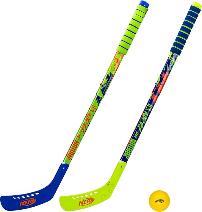 Franklin Sports NERF Proshot Kids Hockey Sticks + Ball Set - 2 Player Youth Indoor + Outdoor Set - 2 in 1 Knee + Floor Hockey - (2) NERF Proshot Youth Sticks + (1) Foam Ball Included