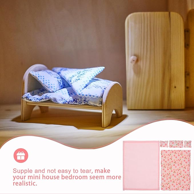 Pink Dollhouse Bedding Set 1:12 Scale Miniature Bedroom Accessories - Includes 1 Quilt, 1 Bed Sheet, 3 Pillows - Soft Fabric Doll House Furniture Accessories for Role-Playing and Mini Decor