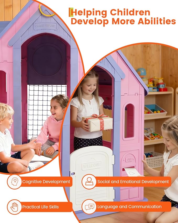 Kids Playhouse Cottage – 4-in-1 Activity Center with Magnetic Dartboard, Basketball Hoop, Soccer Goal & Ring Toss – Spacious Indoor/Outdoor Game House for Toddlers
