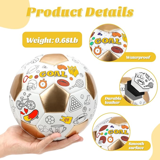 Size 4 Color Your Own Soccer Ball Gold DIY Custom Craft Kit with Pump 12 Markers Personalized Youth Toddler Training Paint Your Own Toy Creative Gift for Kids (Gold Soccer Ball, 4)
