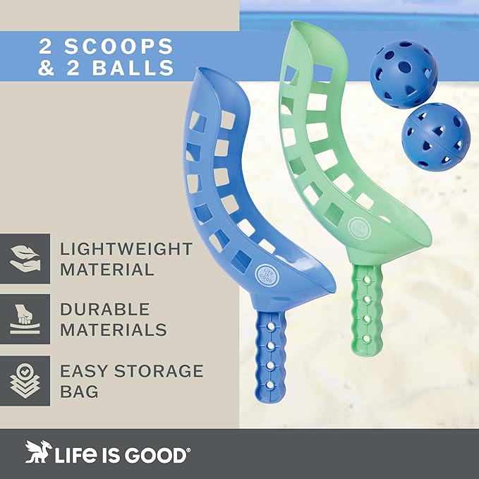 Life is Good Scoop Toss Game (Spearmint Green/Royal Blue), Beach & Backyard Catch Game with 2 Durable Scoops, 2 Balls & Storage Bag, Active Family Outdoor Games for Vacations, Parks & Picnics