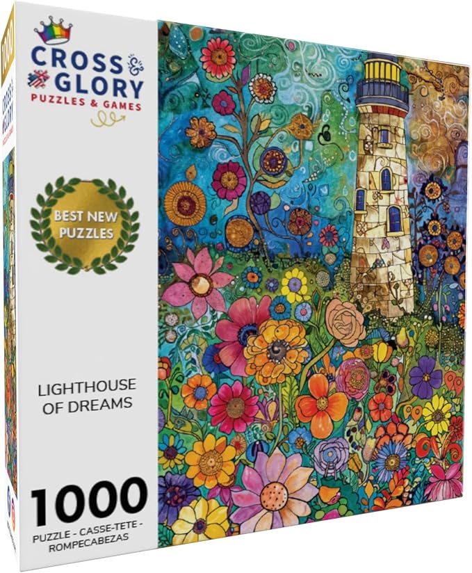 Cross & Glory – 1000 Piece Jigsaw Puzzle for Adults |Lighthouse of Dreams | Whimsical Lighthouse Garden Puzzle | Colorful Gustav Klimt Inspired Artwork | 20x27 Inches | Flower Puzzle