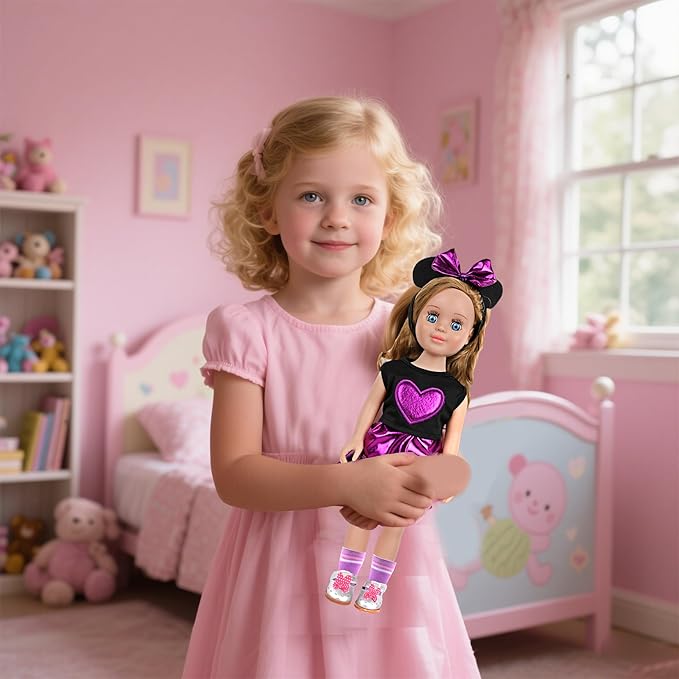 MSYO 18 Inch Doll Clothes & Accessories Set,Black Purple Heart Top & Metallic Purple Skirt Outfit with Mouse Ears Headband,Sunglasses,Socks,Shoes,Bracelet,Fits 16-18 Inch Baby Dolls(Purple)