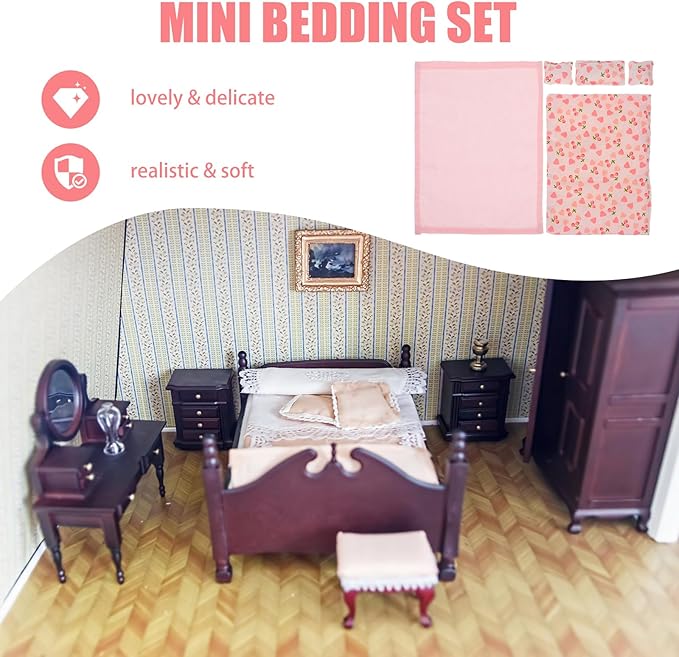 Pink Dollhouse Bedding Set 1:12 Scale Miniature Bedroom Accessories - Includes 1 Quilt, 1 Bed Sheet, 3 Pillows - Soft Fabric Doll House Furniture Accessories for Role-Playing and Mini Decor