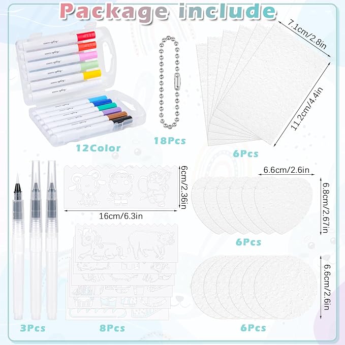 Meetory Magic 3D Foam Texture Painting Kit, Including 18 Pcs Foam Texture Paper, 12 Acrylic Paint Markers, 3 Watercolor Brush Pens(L,M,S),18 Bead Chains and 8 Pre-Designed Sticker Line Drawings