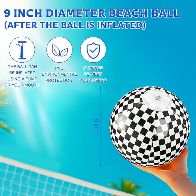 OU RUI 10Pcs Black and White Checkered Flag Beach Ball 9" Bulk for Summer Pool and Beach Game Gifts for Race Car Birthday Party Decorations End of The Year Class Party Decorations Favor