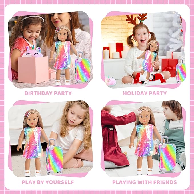 K.T. Fancy 23 Pcs American 18 Inch Doll Clothes & Accessories, Cute Doll Suitcase Set with Sequined Dress, Sunglasses, Unicorn Bag, Shoes