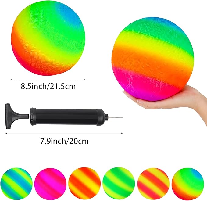 Hooqict 6 Pack 8.5 Inch Playground Balls with Hand Pump and 6 Portable Ball Net Bags Inflatable Sports Balls for Kids Toddlers Kickballs Dodgeball Handballs Recess Balls Indoor Outdoor Games