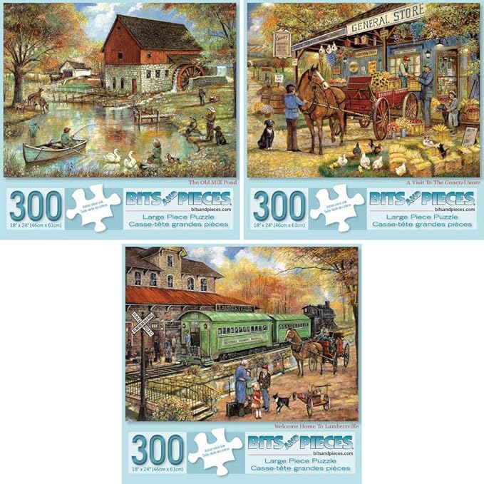 Bits and Pieces – Value Set of Three Large 300 Piece Jigsaw Puzzles for Adults – Jigsaw Puzzles Designed by Artist Ruane Manning, Completed Puzzle Size: 18" x 24"