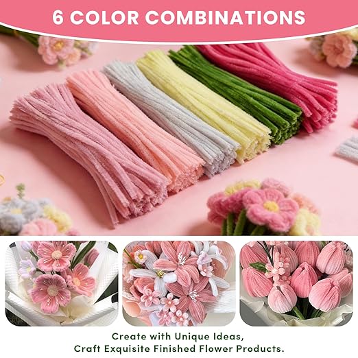 600 PCS Pipe Cleaners Craft, 6 Colors Pipe Cleaner Bulk Flower Kit, Chenille Stems Bulk with Floral Wires, Gardening Tape, Stamen, Wrapping Paper & Ribbon, DIY Art and Craft Supplies - Pink Gradient