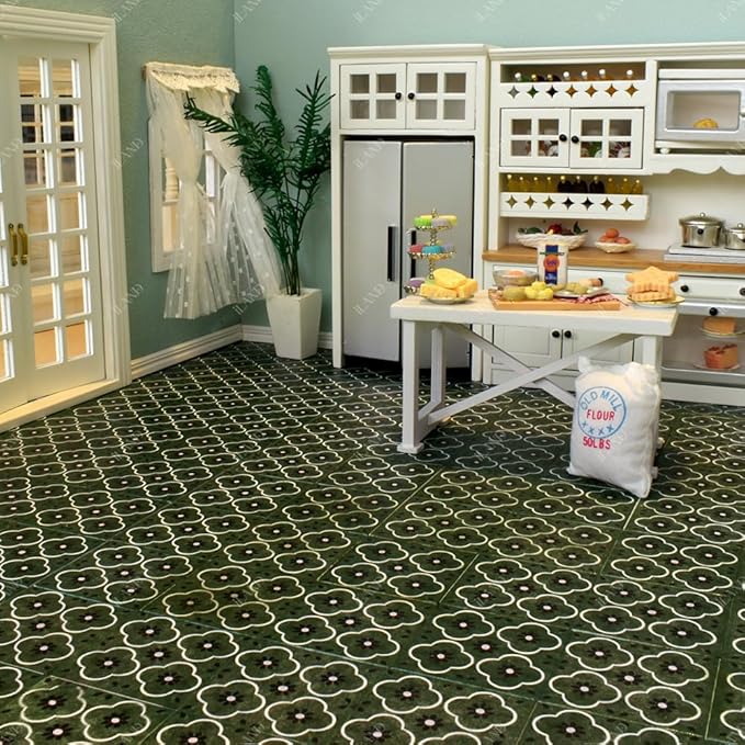 iLAND Dollhouse Flooring on 1/12 Scale 1/6 Scale, Miniature Dollhouse Accessories, 30pcs Double-Sided Dollhouse Floor Tiles (French Green Floral & Colorful Terrazzo)