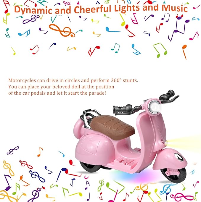 Electric Doll Scooter for 17cm Doll,Funny Doll Accessories with Music and Lights, 360° Rotatable Plastic Scooter Decoration Batteries Not Included(Pink)