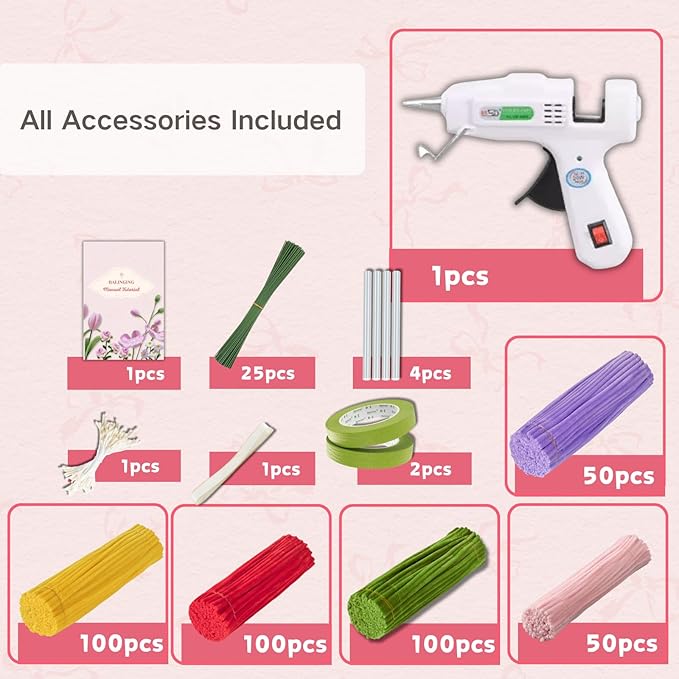 balinging 400pcs Pipe Cleaners Craft for Flowers with Glue Gun,Chenille Stems for DIY Flower Making Kit,Pipe Cleaners Projects Creative for DIY Art and Craft,Ideal for Holiday Decoration(Tulip)