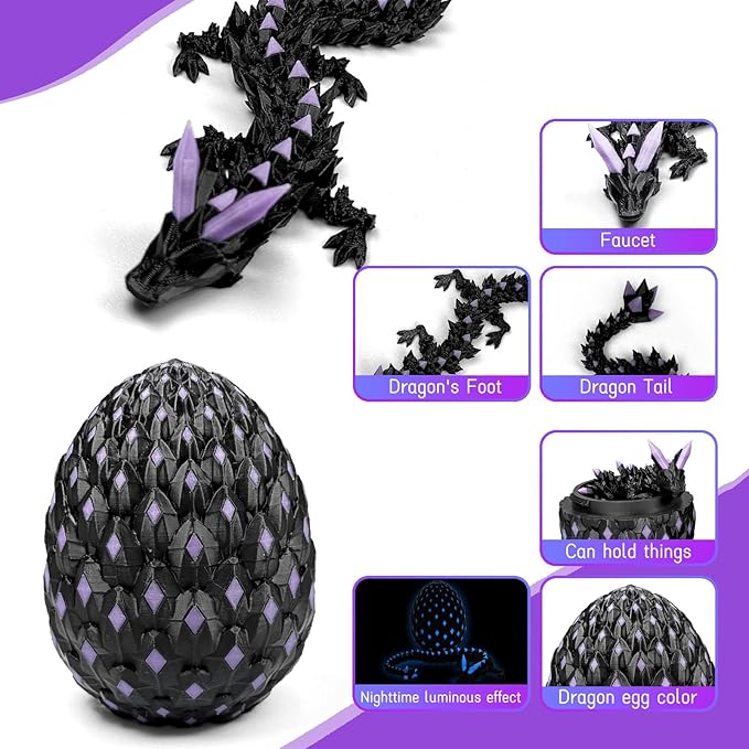 3D Printed Dragon Egg,Dragon Eggs Glow in with Dragon Inside Dark Articulated Animals Fidget Toy,Home Office Decor Executive Desk Toys for Autism/ADHD (Luminous Red)