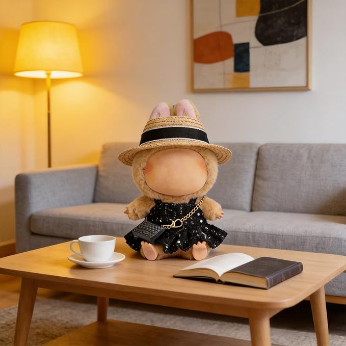 17cm Doll Clothes- Luxury Chic Style Set High-End Fashion Accessories - Premium Handmade Clothes 3 Piece Set Hat & Black Bag & Dress Adjustable Outfit (No Doll) - Pure Black - No Logo