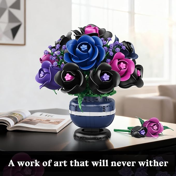 Flowers Botanicals Building Set - Artificial Purple Black Rose Bonsai Plant for Home Decor, 507PCS Artificial Flowers Building Set Indoor Gothic Decoration, Easter Birthday Gifts for Adults