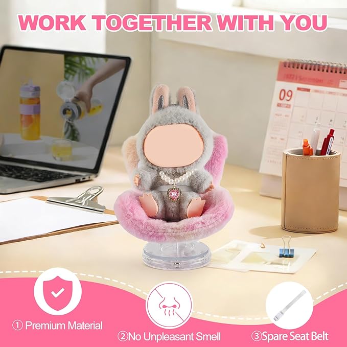 Cute Doll Car Seat for Labubu, Premium Car Seat Accessories for 4-7in Dolls, 360° Rotation, Including Air Vent Clip, Desktop Stand, Adjustable Strap, Airflow-Friendly Design(Colorful Pink)