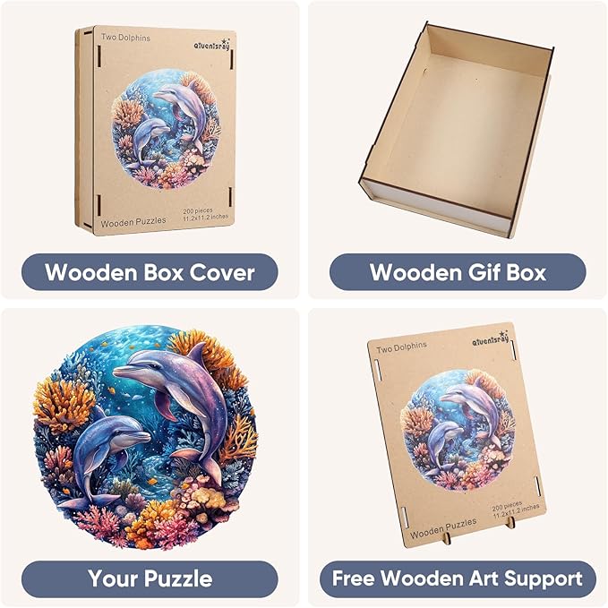 Qiuenisray Wooden Puzzles for Adults, Dolphins Jigsaw Puzzles 200 Pieces, FSC Certified Unique Shape Ocean Adult Puzzles, Irregular Wood Creative Gift for Family Game 11.2 x 11.2 in