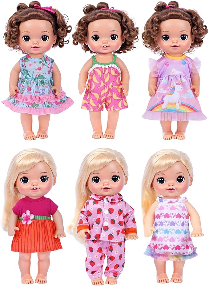 BABESIDE 6-Piece Alive Baby Doll Clothes and Accessories Set for 8-10 Inch Dolls, Includes Cute Dresses, Skirts, and Tops for Baby Dolls, for Kids(Not Doll)