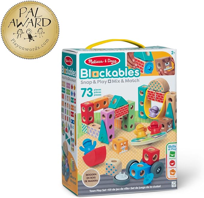 Melissa & Doug Blockables™ Town Snap and Play, Mix and Match Connectable Wooden Building Blocks Play Set Toy for Preschool Boys and Girls (73 Pcs)