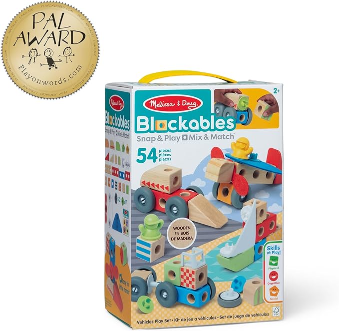 Melissa & Doug Blockables™ Vehicles Snap and Play, Mix and Match Connectable Wooden Building Blocks Play Set Toy for Preschool Boys and Girls (54 Pcs)